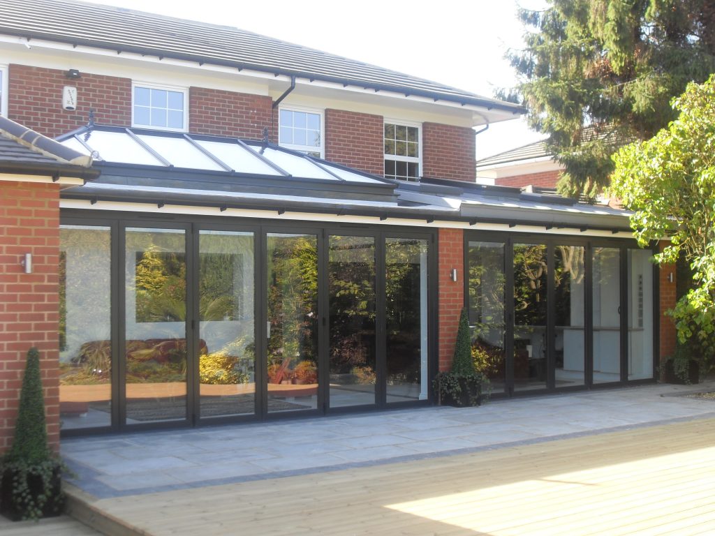 Lantern roof above an installation of bifolding doors.